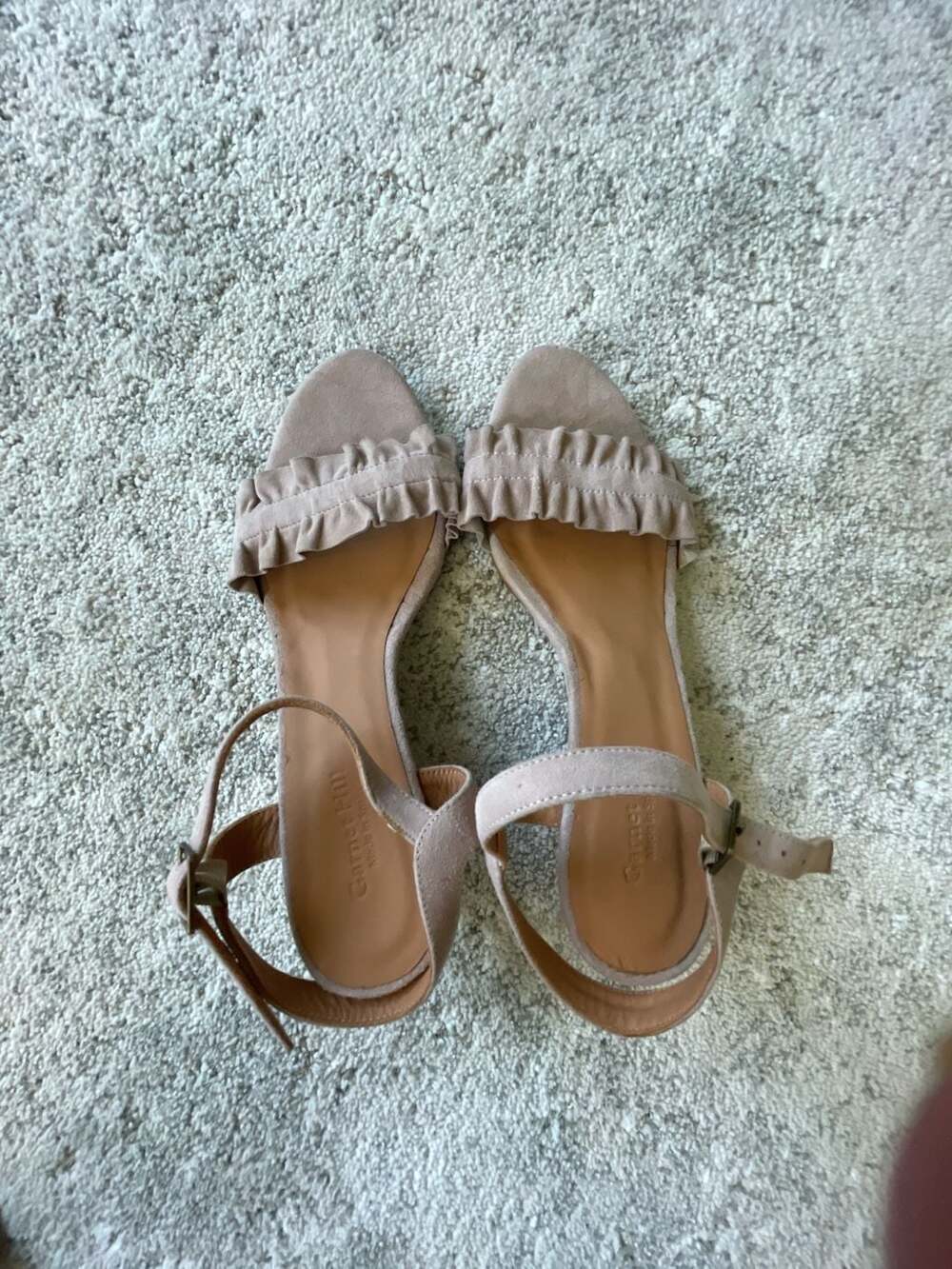Garnet Hill Wedge Sandals Size 37 Pink Suede Ruffle Ankle Strap